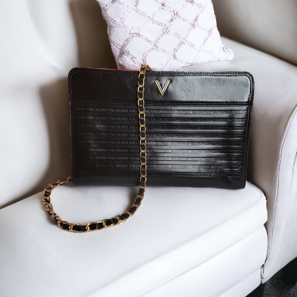 Mario Valentino Black Leather Clutch with crossbody strap